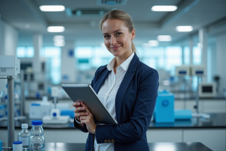 Femme professionnelle en biotech avec tablette dans laboratoire