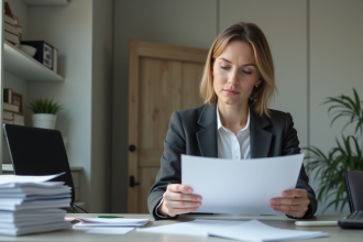 Femme d age moyen au bureau lisant un document officiel