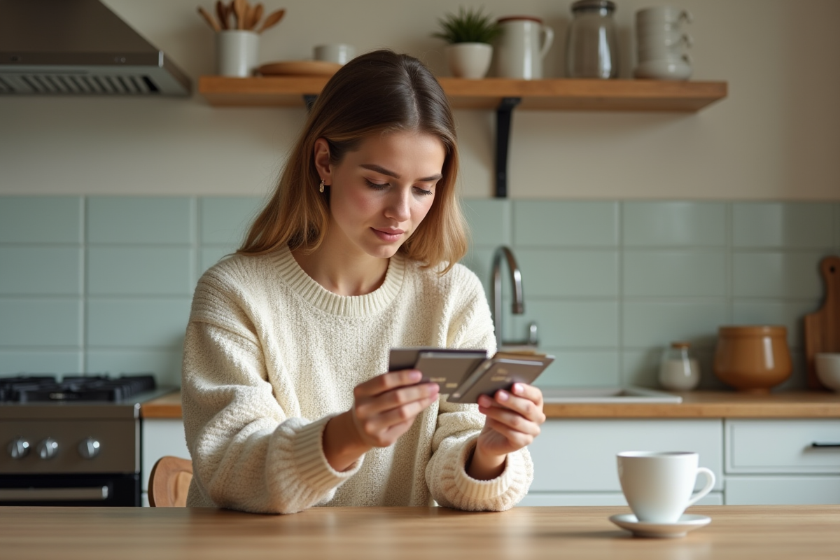 Jeune femme compare des cartes de crédit dans la cuisine