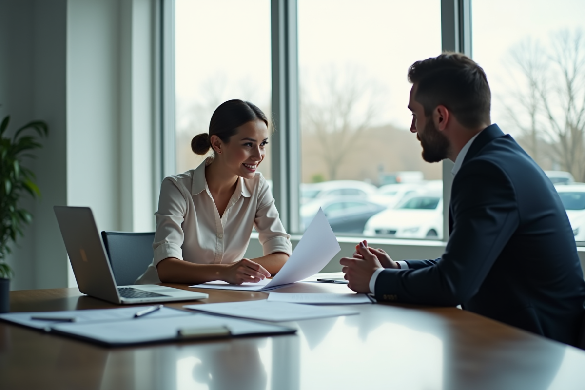 Femme professionnelle et concessionnaire examinant documents de leasing