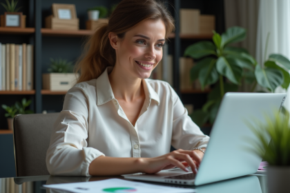 Femme confiante travaillant sur ses finances dans un bureau moderne