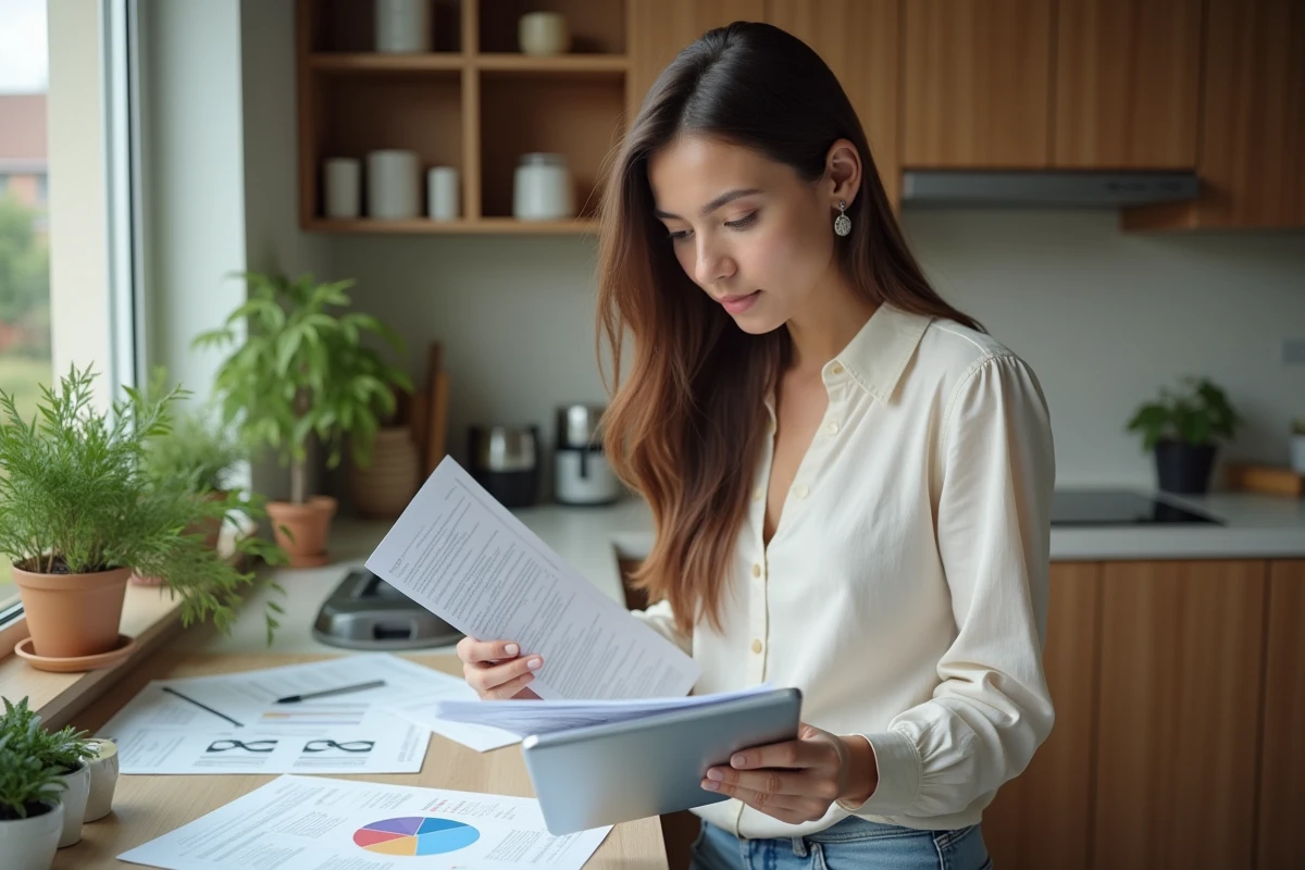 Femme examinant des documents financiers dans la cuisine