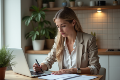 Femme professionnelle en train de revoir ses calculs fiscaux