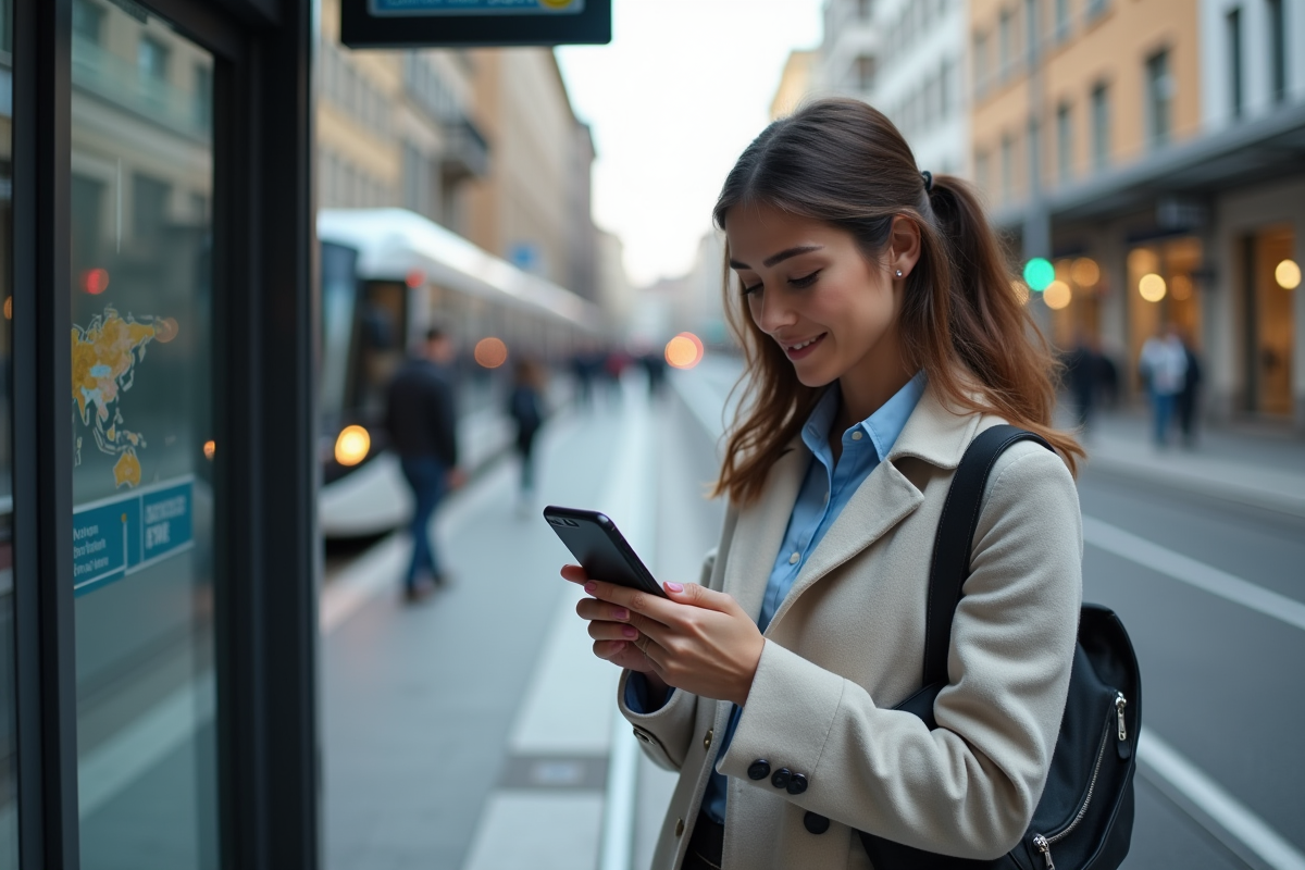 Jeune femme utilise une application bancaire mobile en ville
