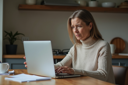 Femme d'âge moyen examinant un ordinateur portable rayé dans une cuisine moderne