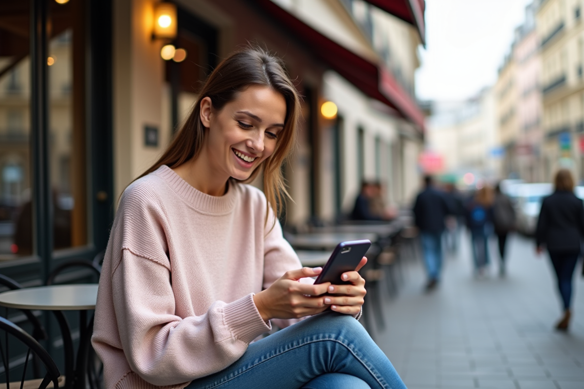 Jeune femme française au café vérifiant ses actions