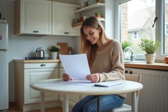 Femme souriante examinant documents de mortgage dans sa cuisine