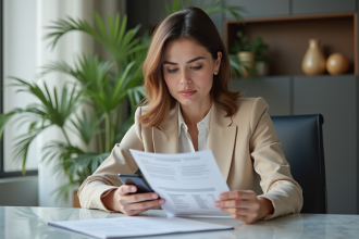Femme d'affaires regardant un relevé bancaire au bureau
