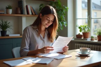 Jeune femme examine son relevé bancaire dans un appartement parisien