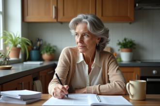Femme d'âge moyen réfléchissant à ses documents de retraite