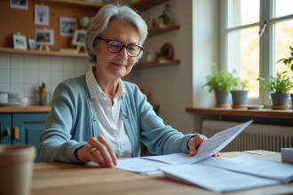 Femme retraitée française lit ses papiers de pension