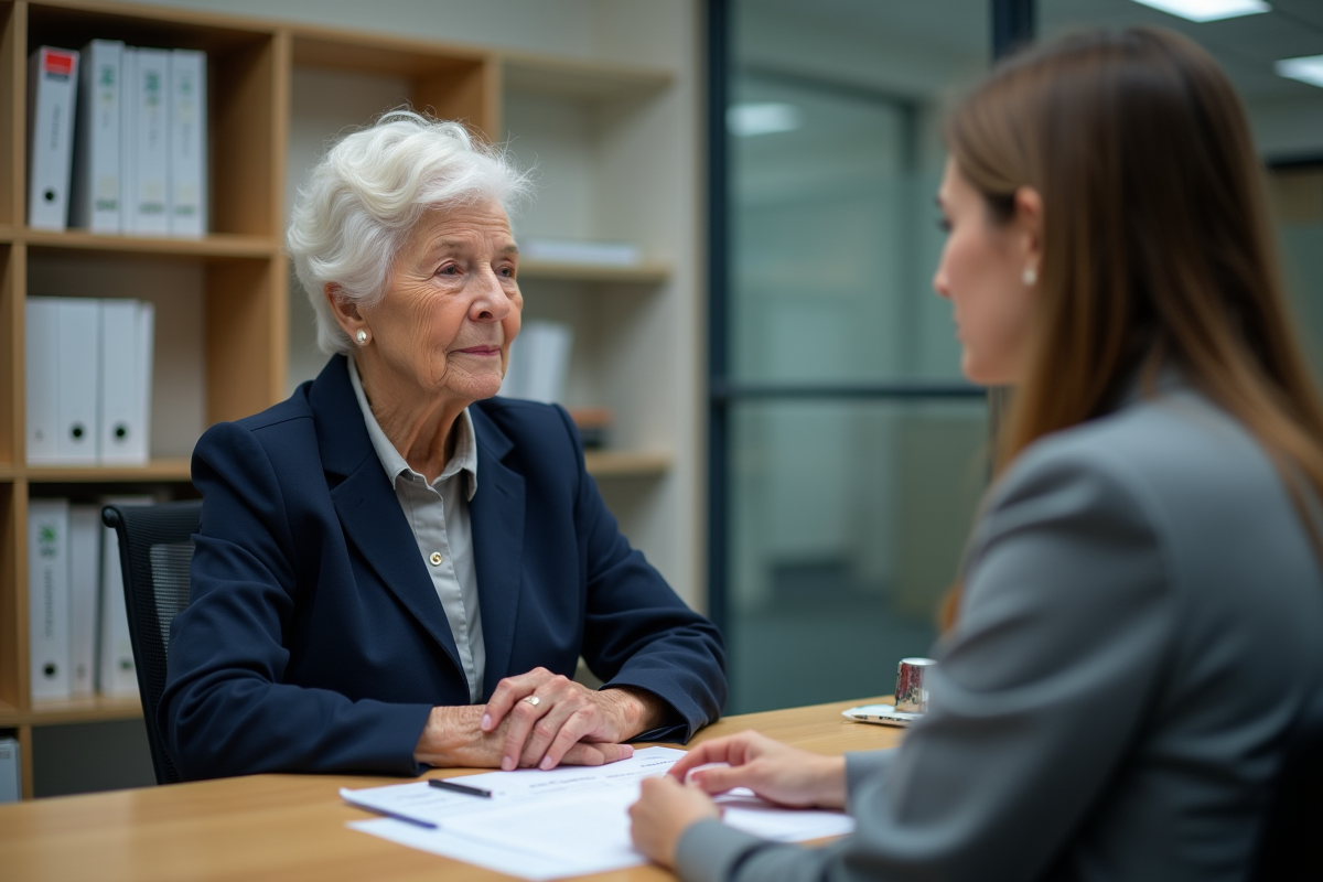 Femme âgée discutant avec un agent administratif dans un bureau organisé