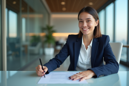 Femme souriante signant un document de pret dans un bureau moderne