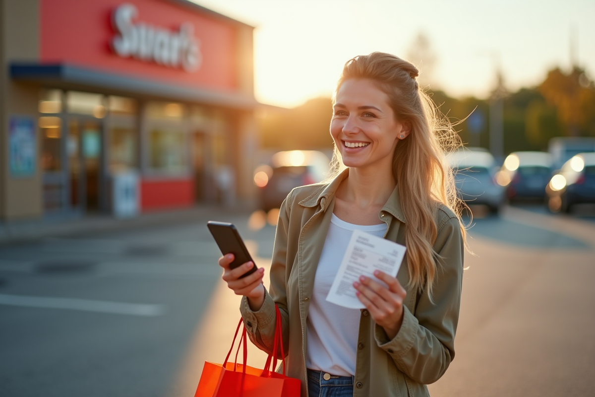 Femme heureuse tenant un smartphone et sacs de courses au supermarche