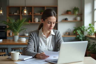 Femme concentrée à la maison en train de lire des papiers