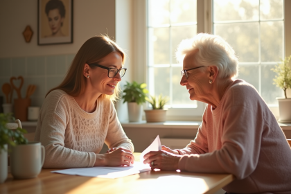 Fille attentif discutant avec sa mère âgée à la table