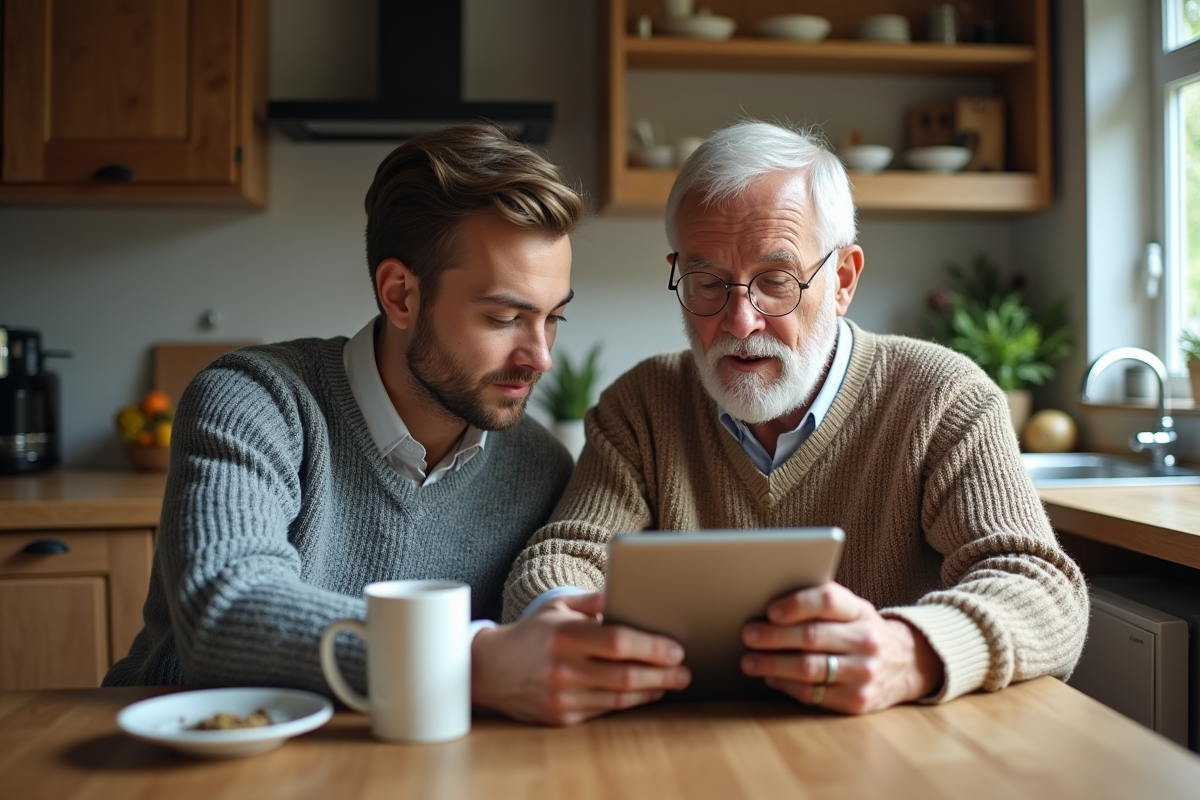 Jeune homme et son père discutant d