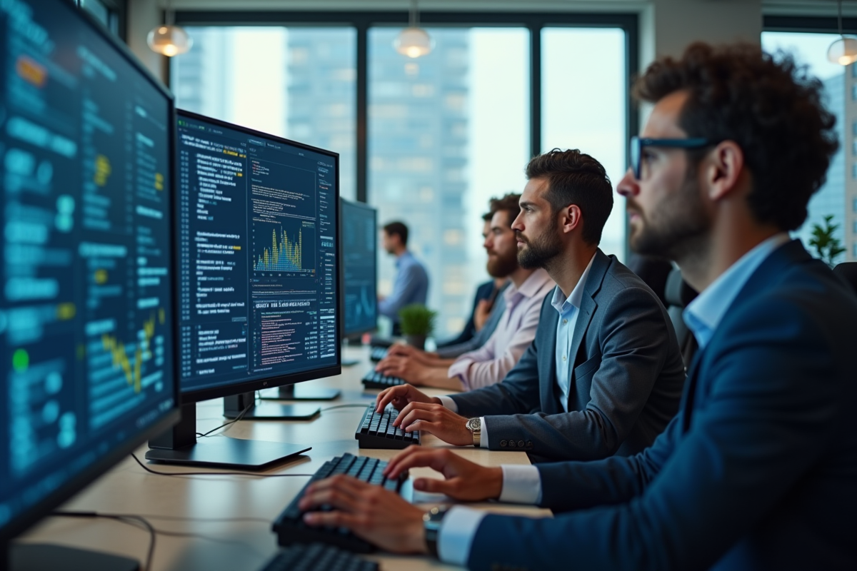 Groupe de développeurs en fintech dans un bureau lumineux