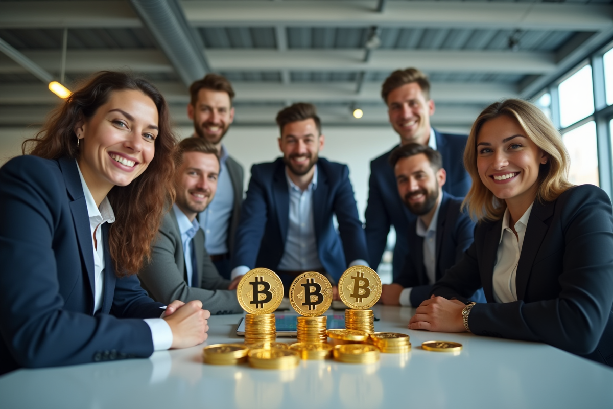 Groupe de professionnels en crypto monnaie dans un bureau lumineux