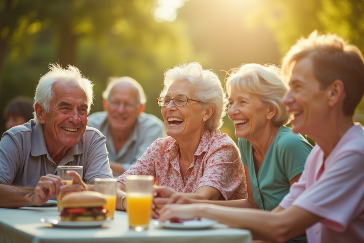 Groupe de seniors souriants profitant d'un pique-nique en parc