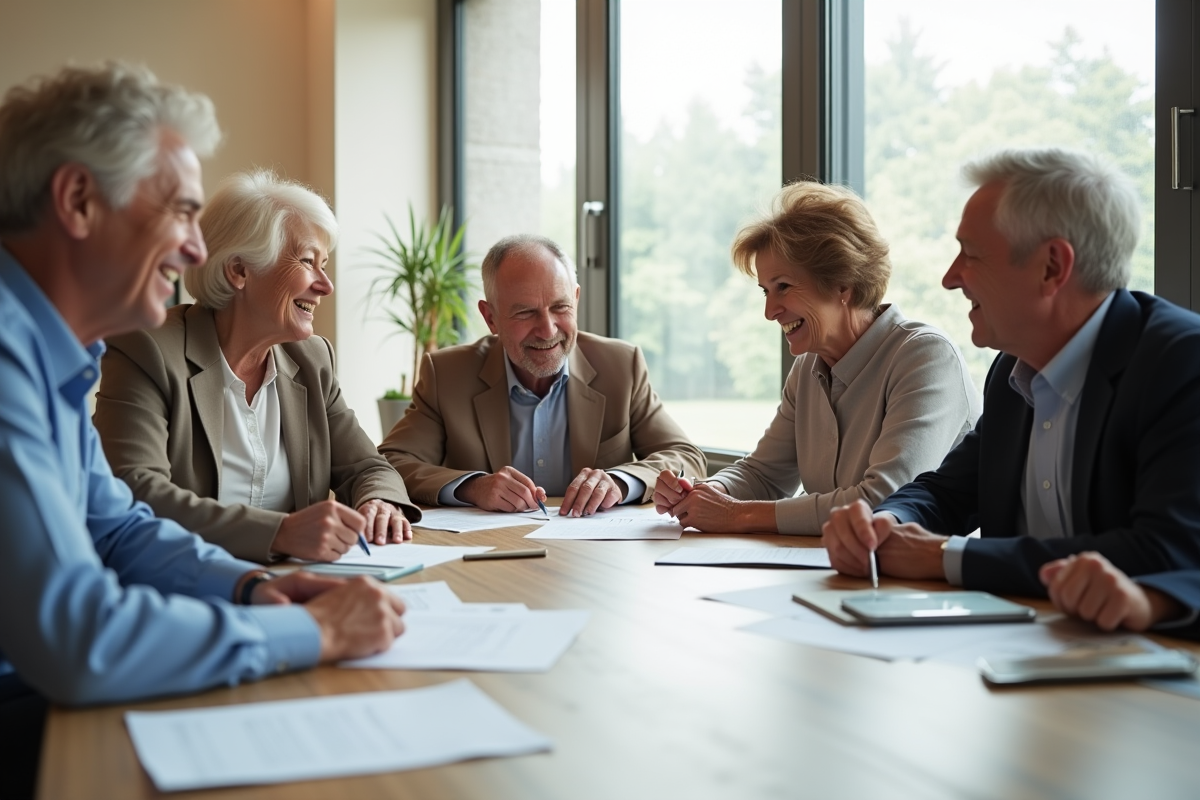 Groupe de seniors discutant de documents dans un bureau lumineux