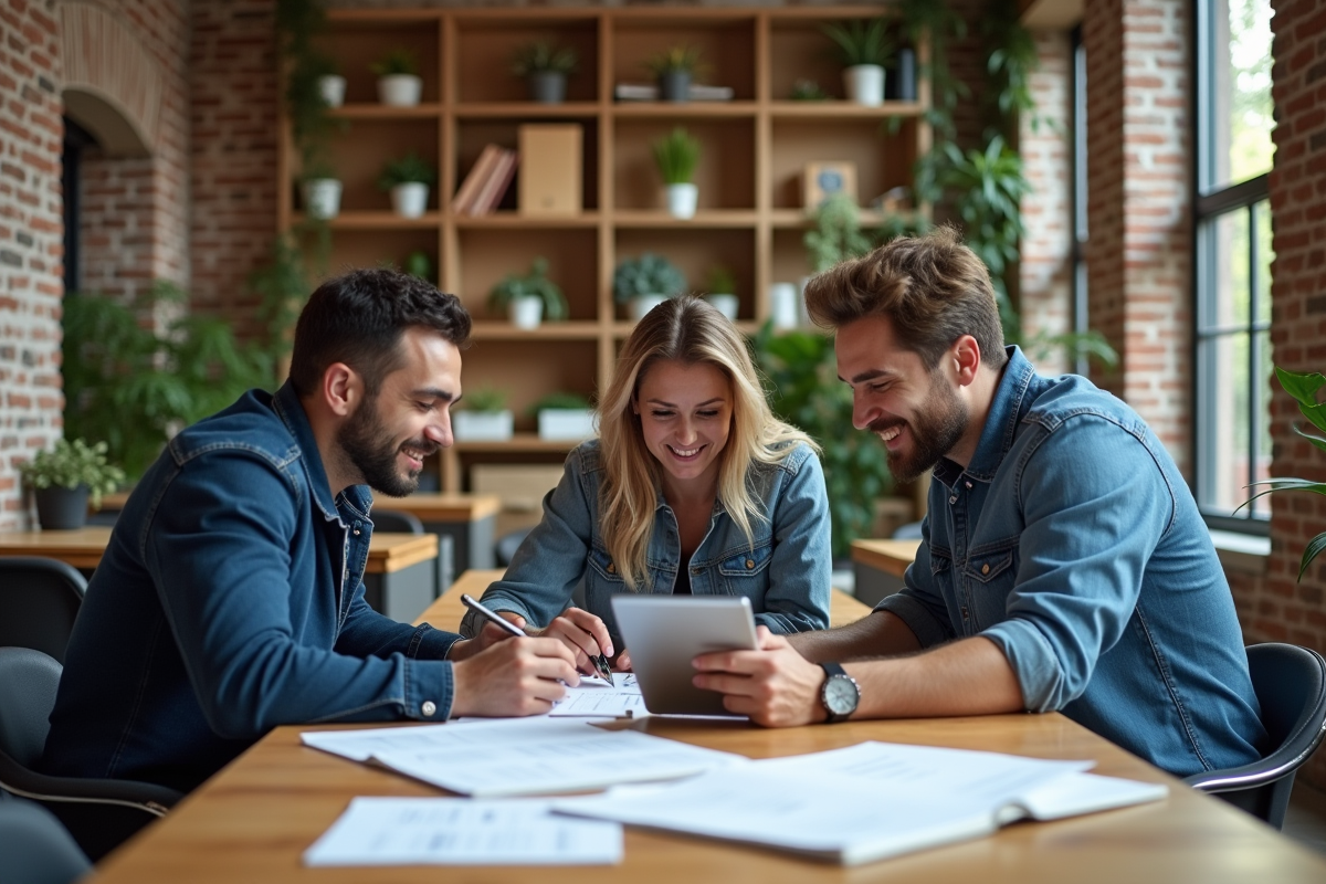 Groupe de jeunes professionnels discutant autour d