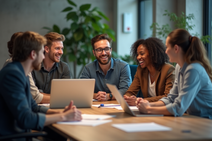 Groupe de jeunes adultes en techwear lors d'une réunion collaborative