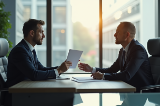 Homme sérieux tenant un document dans un bureau moderne