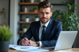 Jeune homme d'affaires en costume bleu analysant un rapport financier