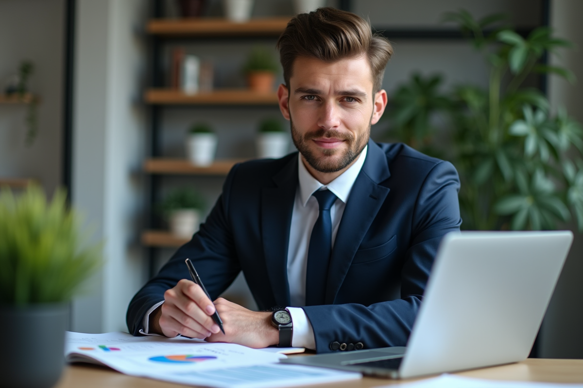 Jeune homme d'affaires en costume bleu analysant un rapport financier