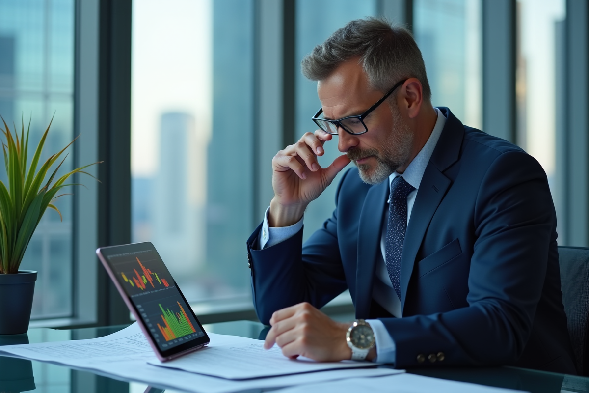 Homme d'affaires en costume ajustant ses lunettes devant un tableau financier