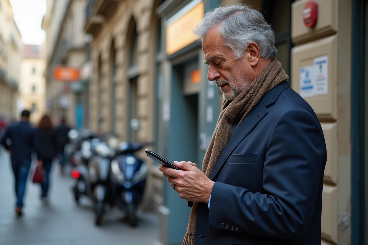 Homme d age utilisant une application bancaire devant un distributeur