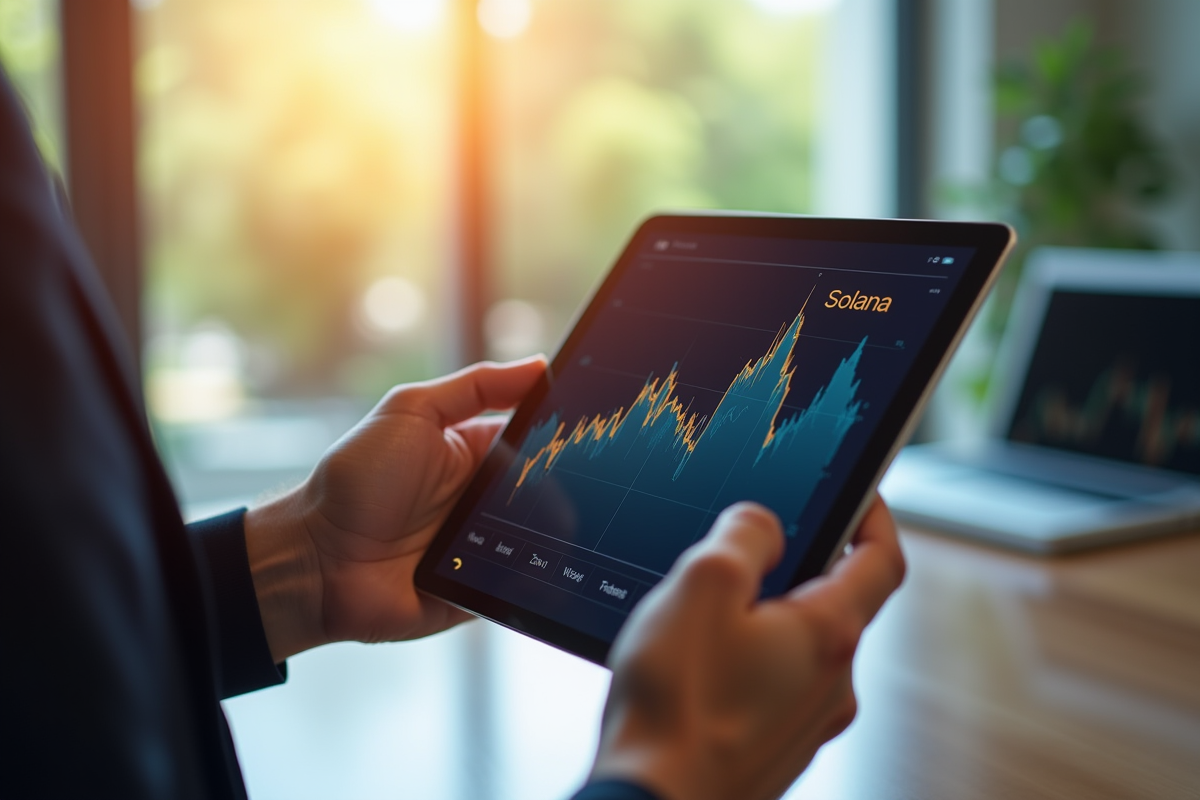 Homme tenant une tablette avec graphique Solana en office