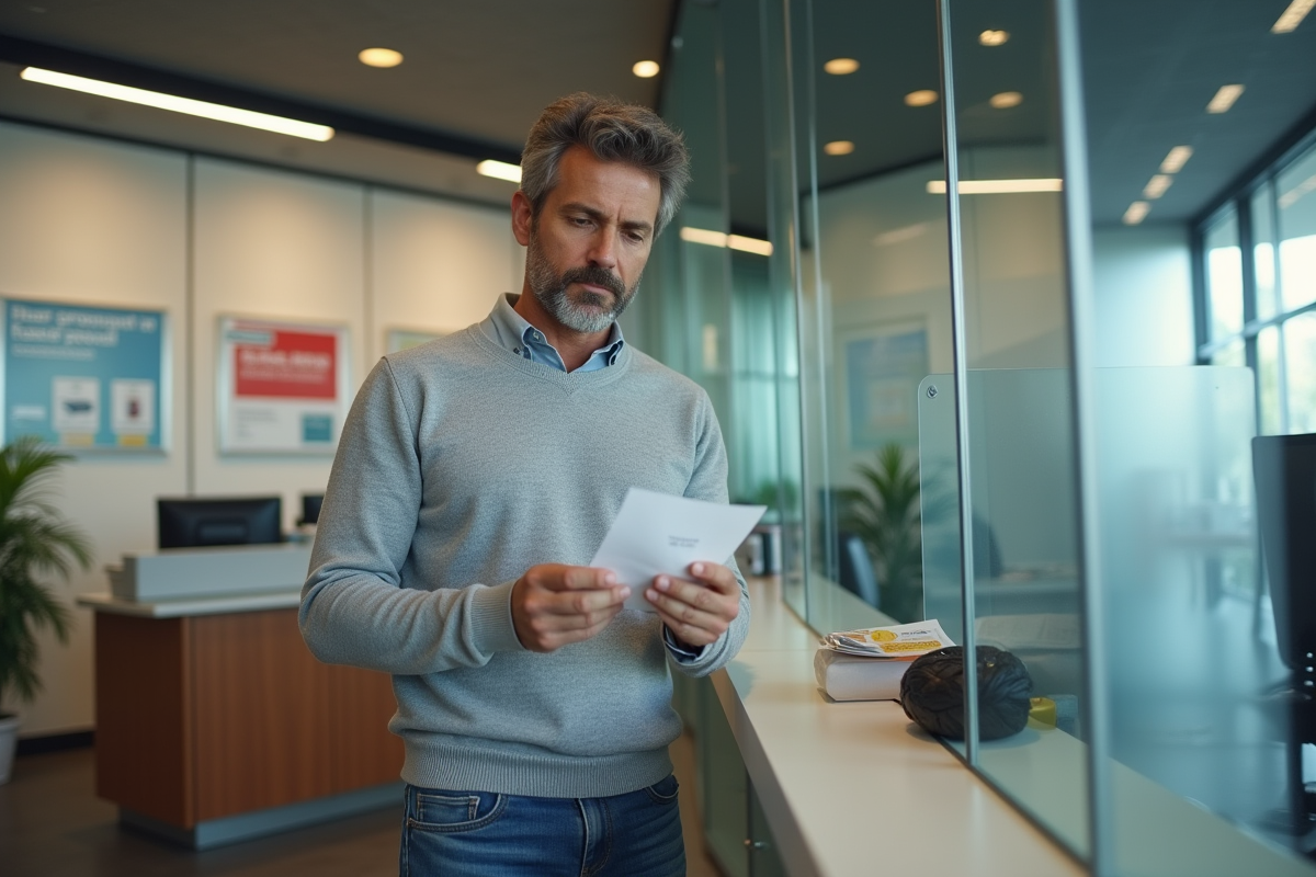Homme vérifiant son reçu bancaire au comptoir