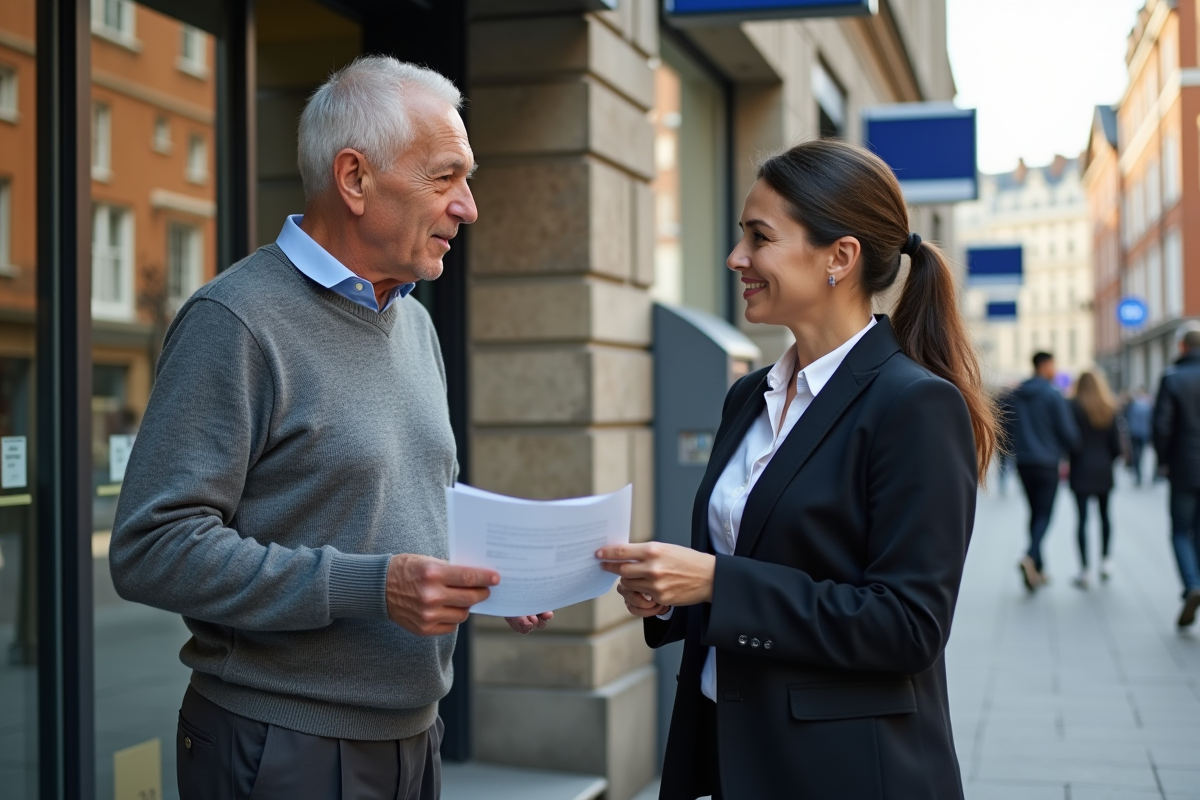 Homme et conseillère discutant de financement en extérieur