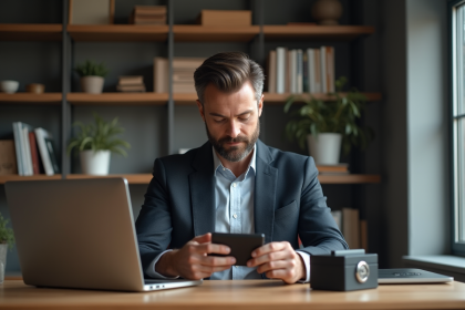 Homme d'âge moyen examinant un portefeuille crypto au bureau