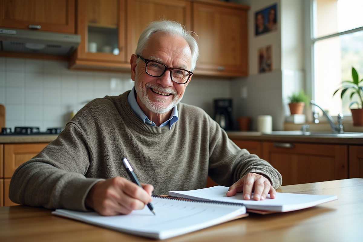 Homme plus age dans la cuisine notant des dates sur un planner
