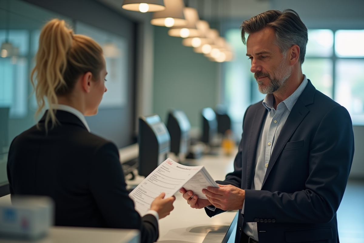 Homme remettant des documents à un agent bancaire