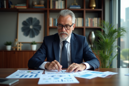 Homme d'affaires en costume regardant des rapports financiers