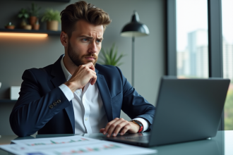 Homme concentr&eacute; devant un graphique Bitcoin en bureau