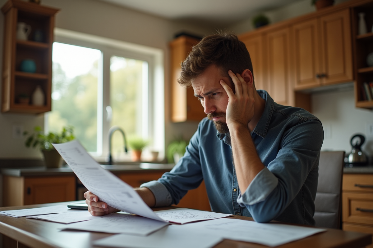 Homme inquiet examinant des factures à la maison