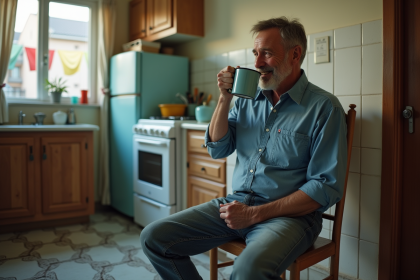 Homme d'âge moyen dans une cuisine modeste souriant