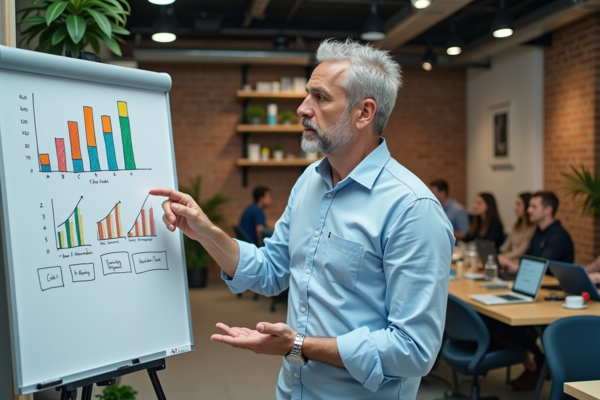 Homme expliquant un graphique dans un espace de coworking