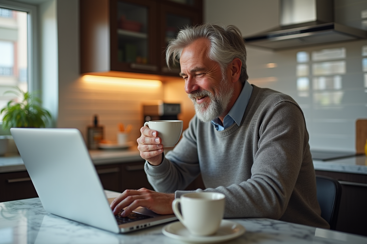 Homme souriant vérifiant ses finances à la maison