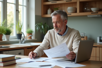 Homme d'âge moyen examinant des papiers de retraite dans une cuisine lumineuse