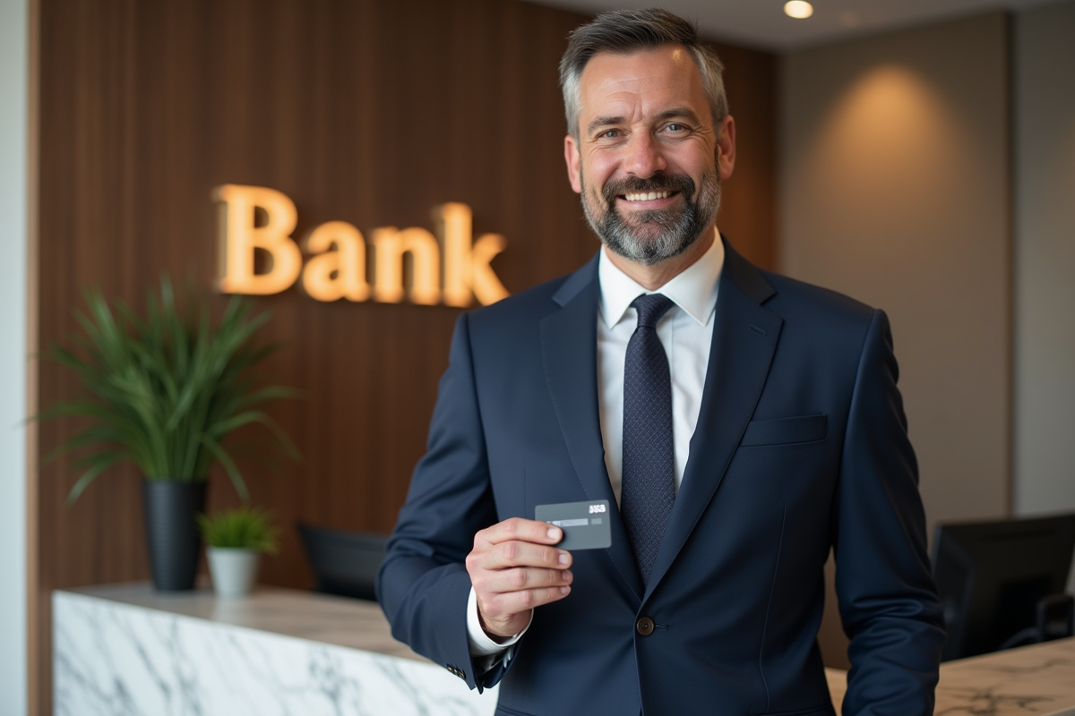 Homme en costume navy tenant une carte bancaire noire