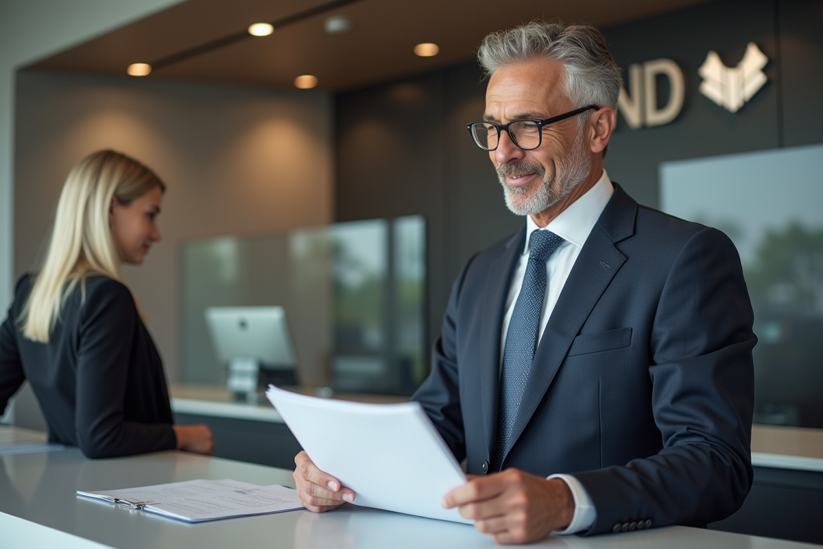 Homme en costume effectuant une transaction bancaire