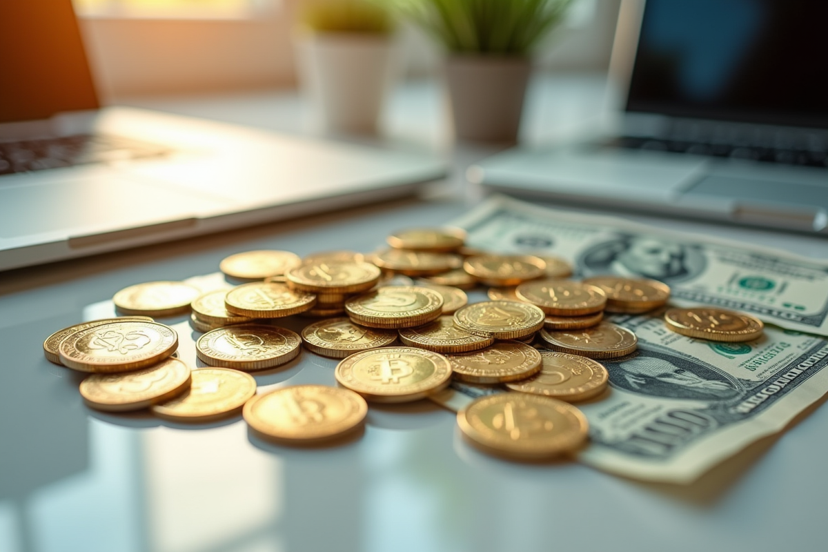 Pièces de cryptomonnaies et billets sur un bureau ensoleille