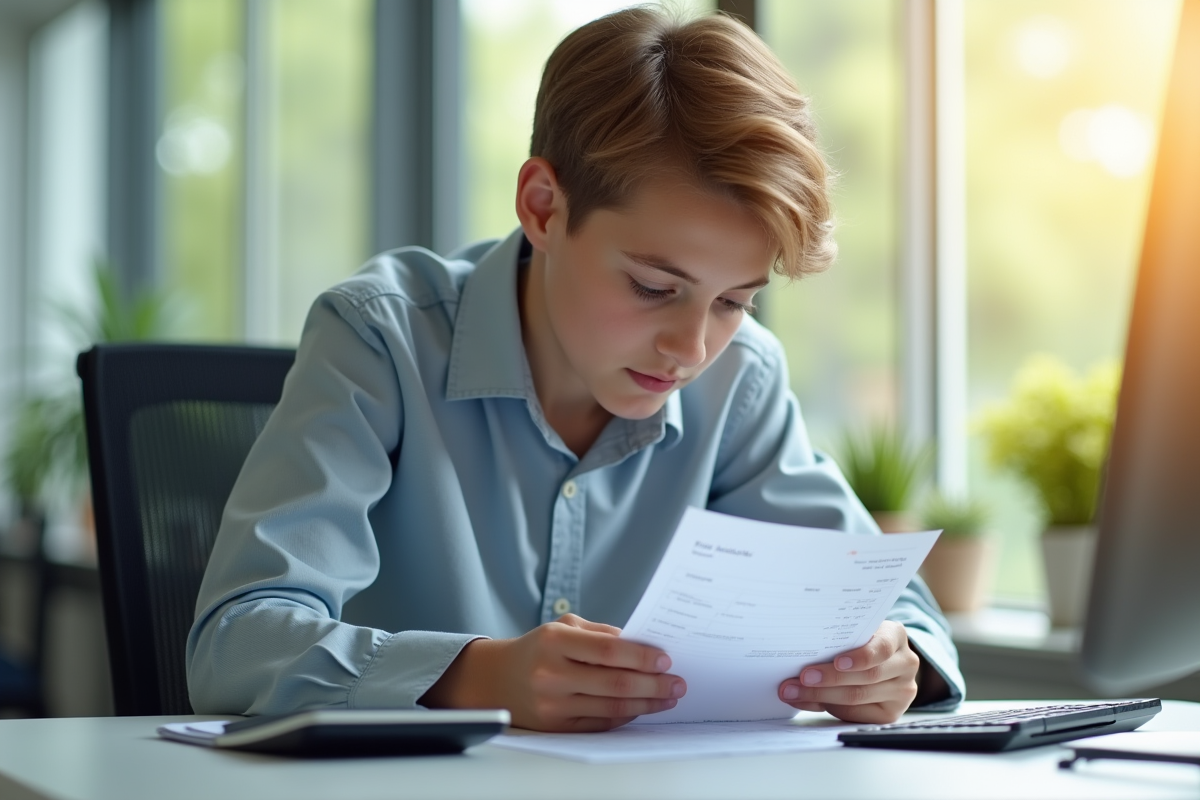 Jeune adulte examinant une fiche de paie et calculatrice dans un bureau lumineux
