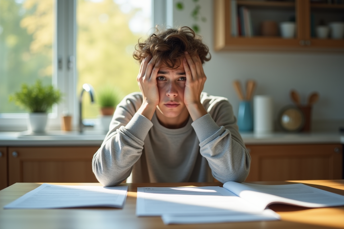 Jeune adulte inquiet à la cuisine avec documents et factures